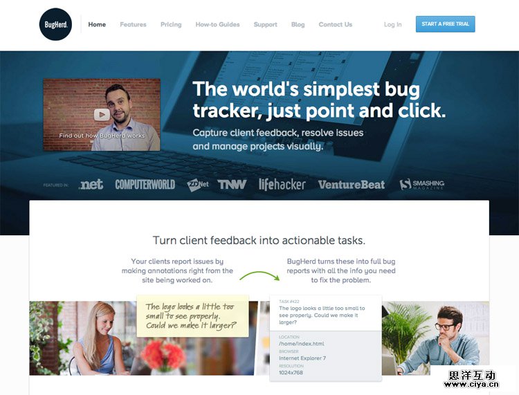 The BugHerd homepage as a web design example of a beautiful landing page