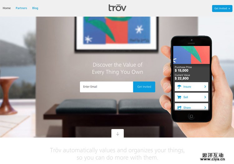 The Trov homepage as an example of a stylish landing page in web design ux